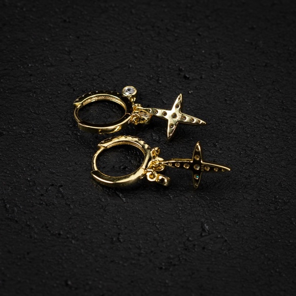 Iced 14K Gold Plated Mens Streetwear Dangle Hanging Cross Drop Hoop Earrings - Picture 2 of 5